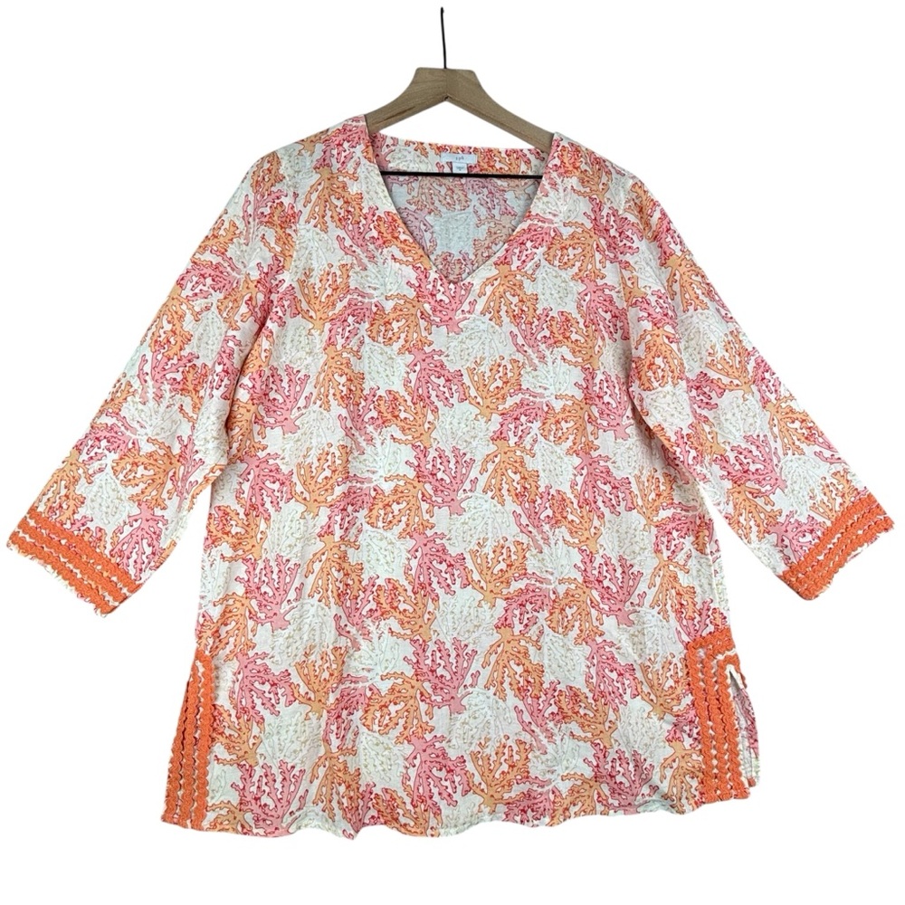 J. Jill Top Womens M Coral Reef Linen Blend Trimmed Tunic V-Neck 3/4 Sleeve